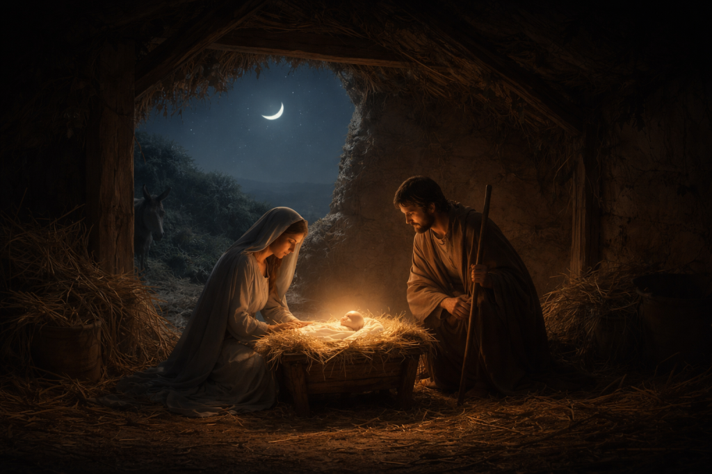 Natività tradizionale con il Bambino Gesù nella mangiatoia, Maria e Giuseppe ai lati, luce soffusa nella grotta e luna nel cielo notturno