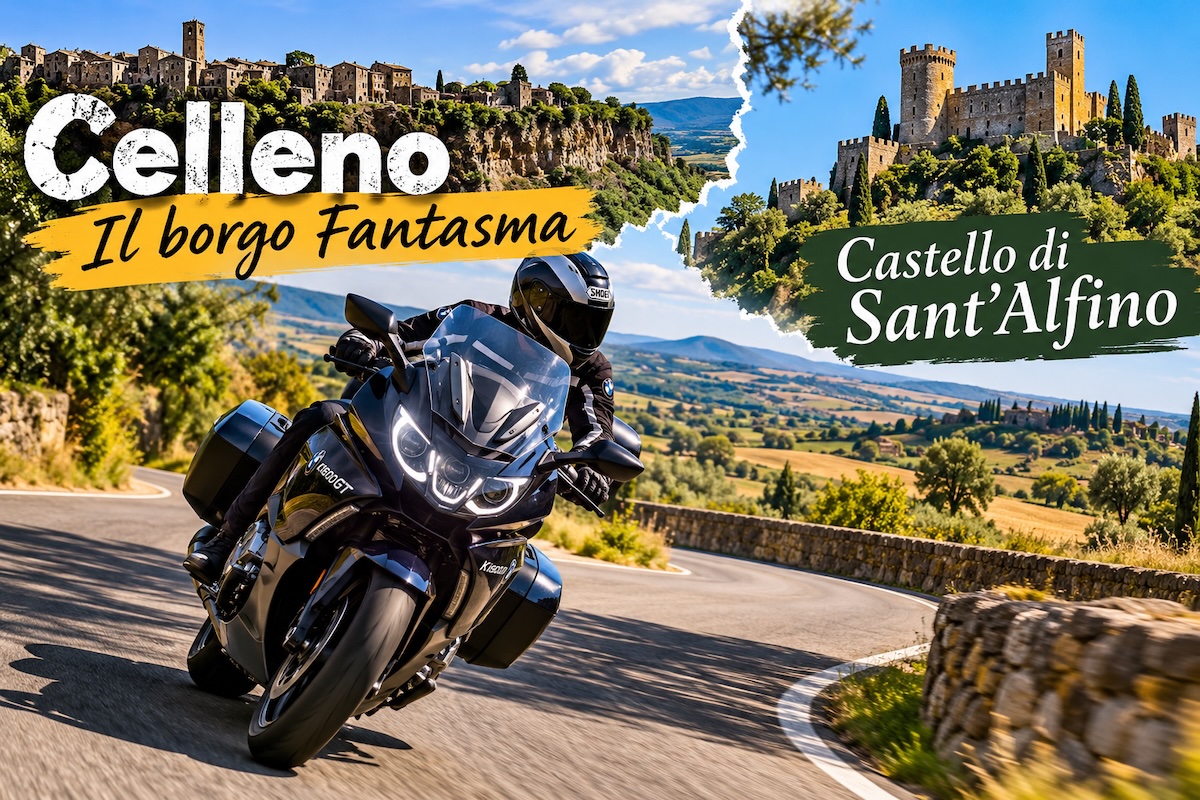 bmw-k1600gt-tuscia-celleno-sant-alfino-2026.webp BMW K1600GT sulle strade panoramiche della Tuscia, tra curve, campagna e borghi storici, verso Celleno e il Castello di Sant'Alfino.