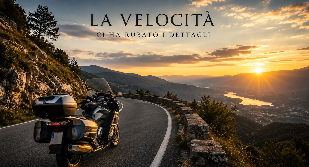 la velocità di ha rubato i dettagli Motocicletta da turismo ferma su una strada panoramica di montagna al tramonto, simbolo di un viaggio vissuto con lentezza, osservazione e attenzione ai dettagli.